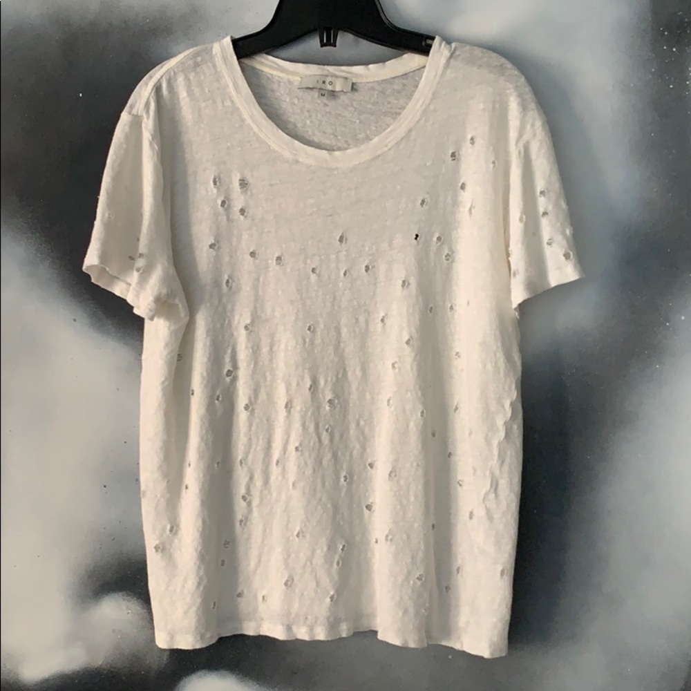 IRO CLAY PERFORATED DISTRESSED LINEN T SHIRT M